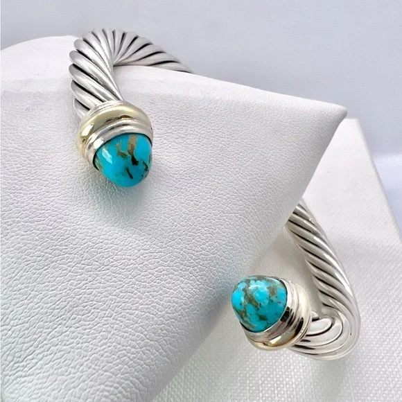 David Yurman Sterling Silver & 14K Gold Turquoise Cable Bracelet - Picture 10 of 14